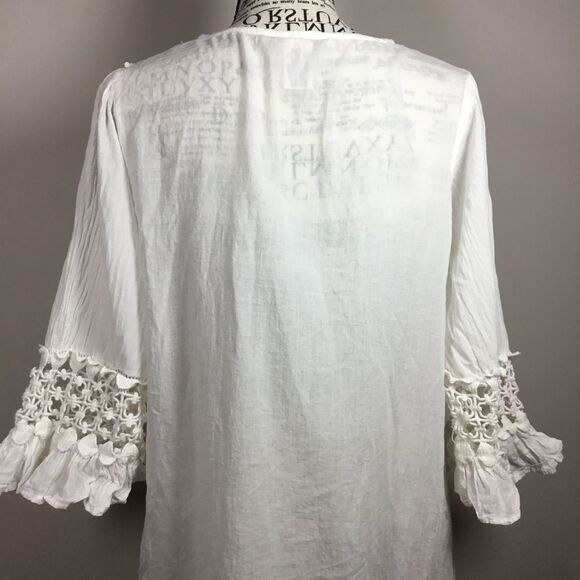 White gauzy 100% cotton tunic dress square neck crochet neck hem and cuff sz M - Picture 6 of 8